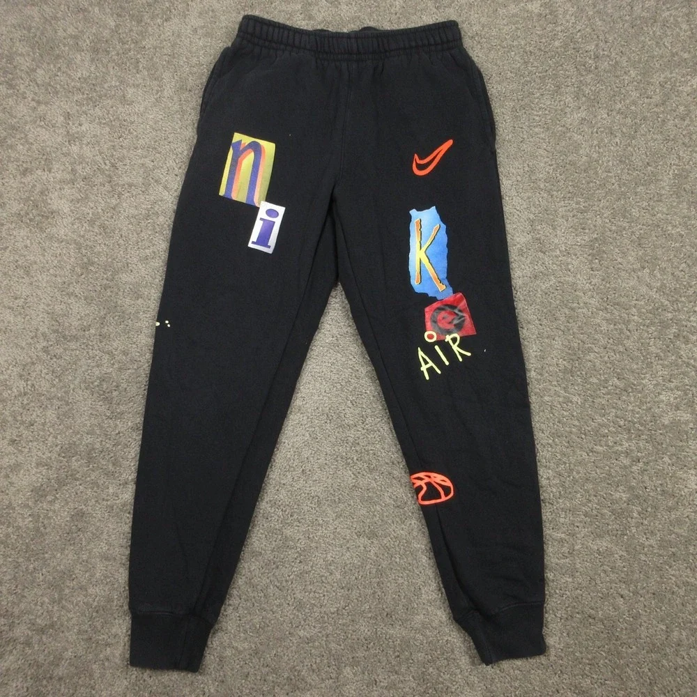Nike Sweatpants Mens Small Black Sportswear Club Legacy Joggers Fleece Graphic